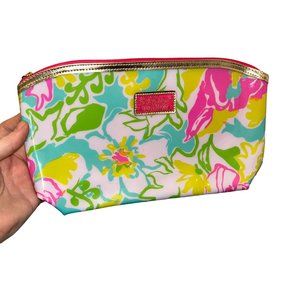 lilly pulitzer pink yellow flower print zipper pouch make up bag